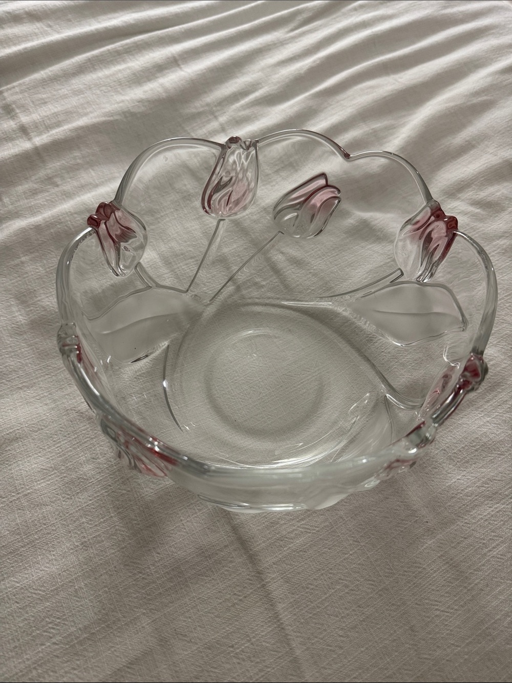 Mikasa Clear Glass Decorative Bowl with Pink Tulip Accents
